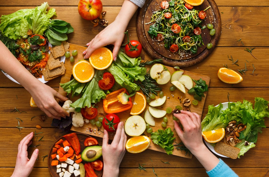 Dinner Table, Women Eat Healthy Food at Home Kitchen